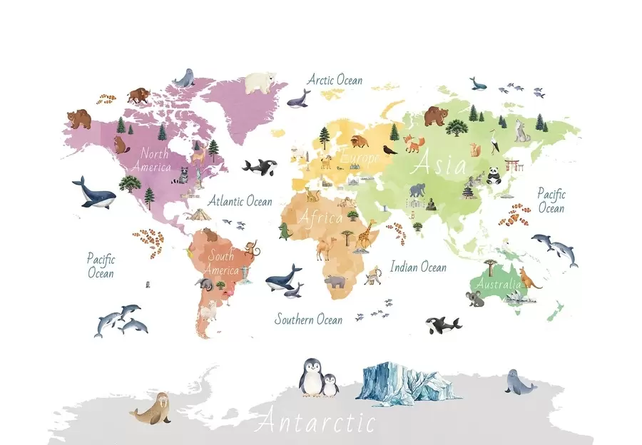 wall murals A watercolor-style color map featuring animals, plants, and architecture. Labels in English c00009en