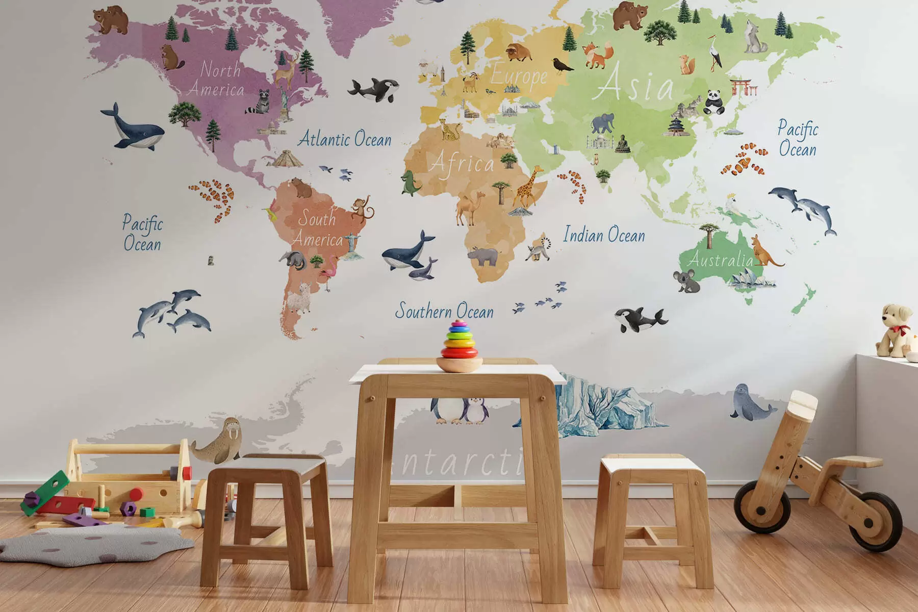 Wall Mural Photo Wallpaper A watercolor-style color map featuring animals, plants, and architecture. Labels in English c00009en