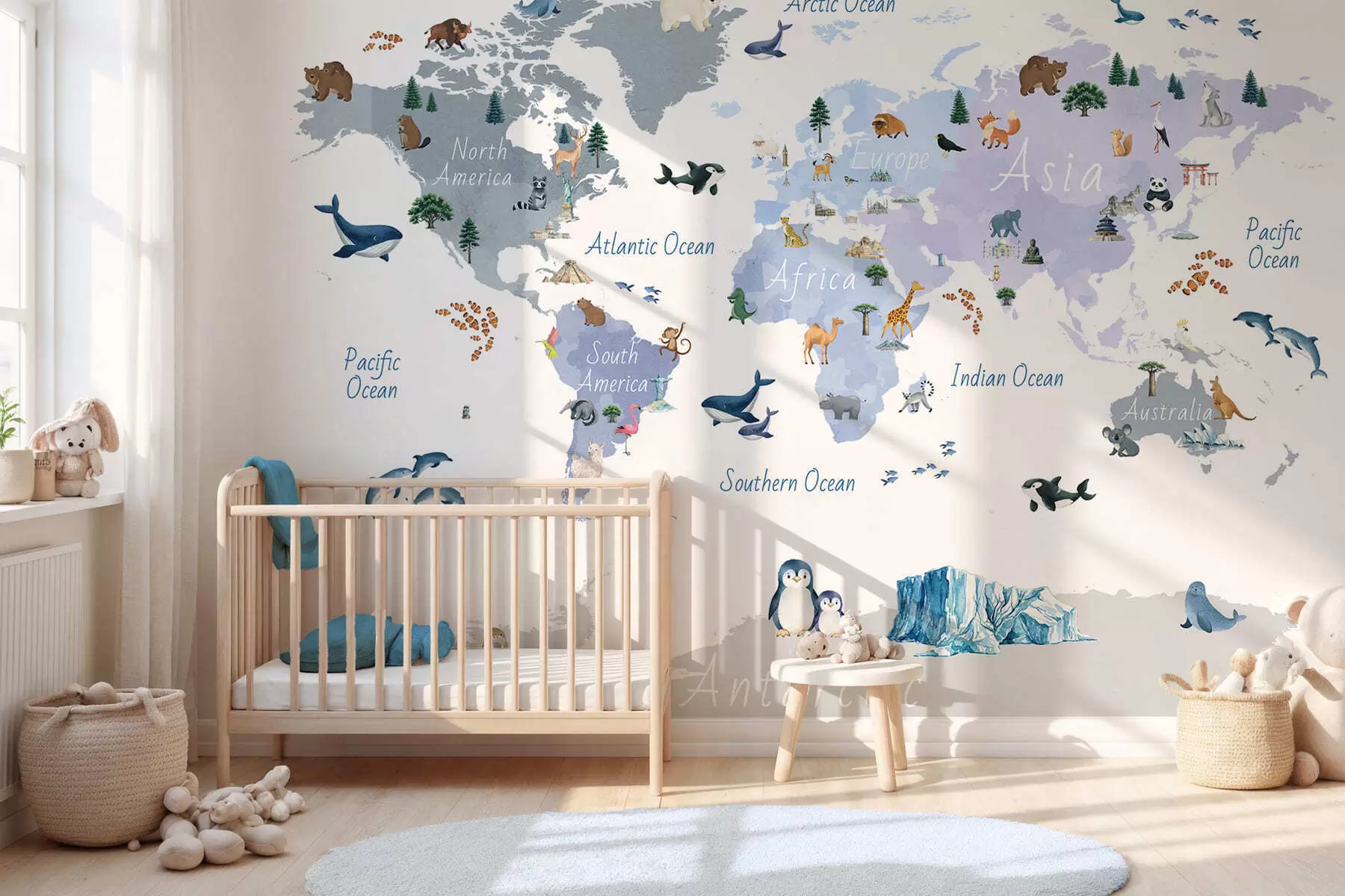 Wall Mural Photo Wallpaper A watercolor-style Blue map featuring animals, plants, and architecture. Labels in English c00009env1