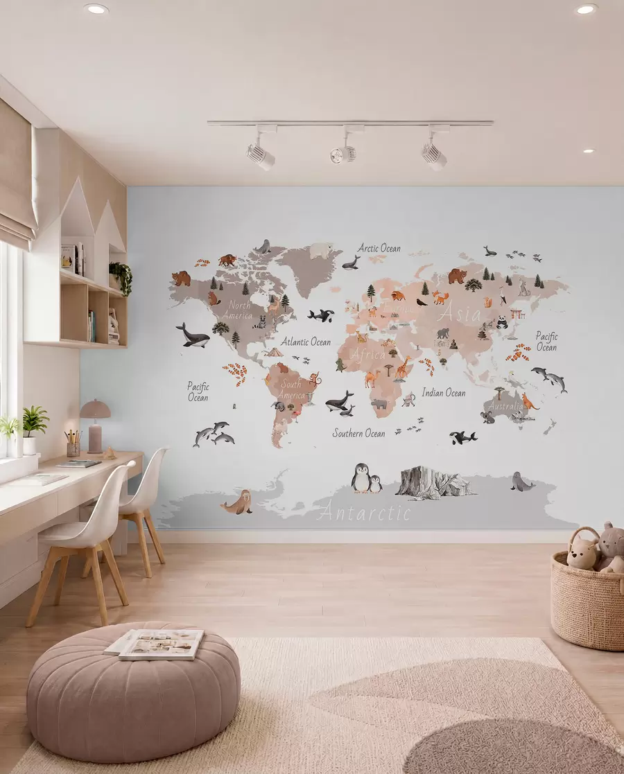 wall murals A watercolor-style Beige map featuring animals, plants, and architecture. Labels in English c00009env3