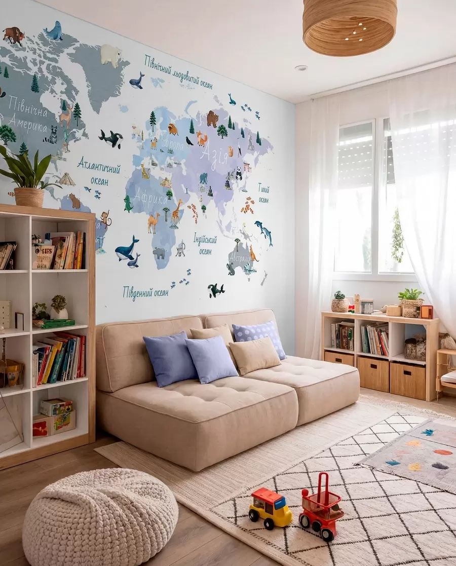 peintures murales Une carte bleue de style aquarelle représentant des animaux, des plantes et des bâtiments. Légendes en ukrainien c00009ukv1
