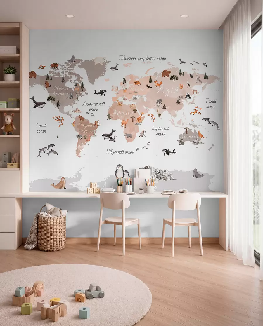 murales Un mapa en tonos beige, con un estilo de acuarela, en el que aparecen animales, plantas y elementos arquitectónicos. Rótulos en ucraniano. c00009ukv3