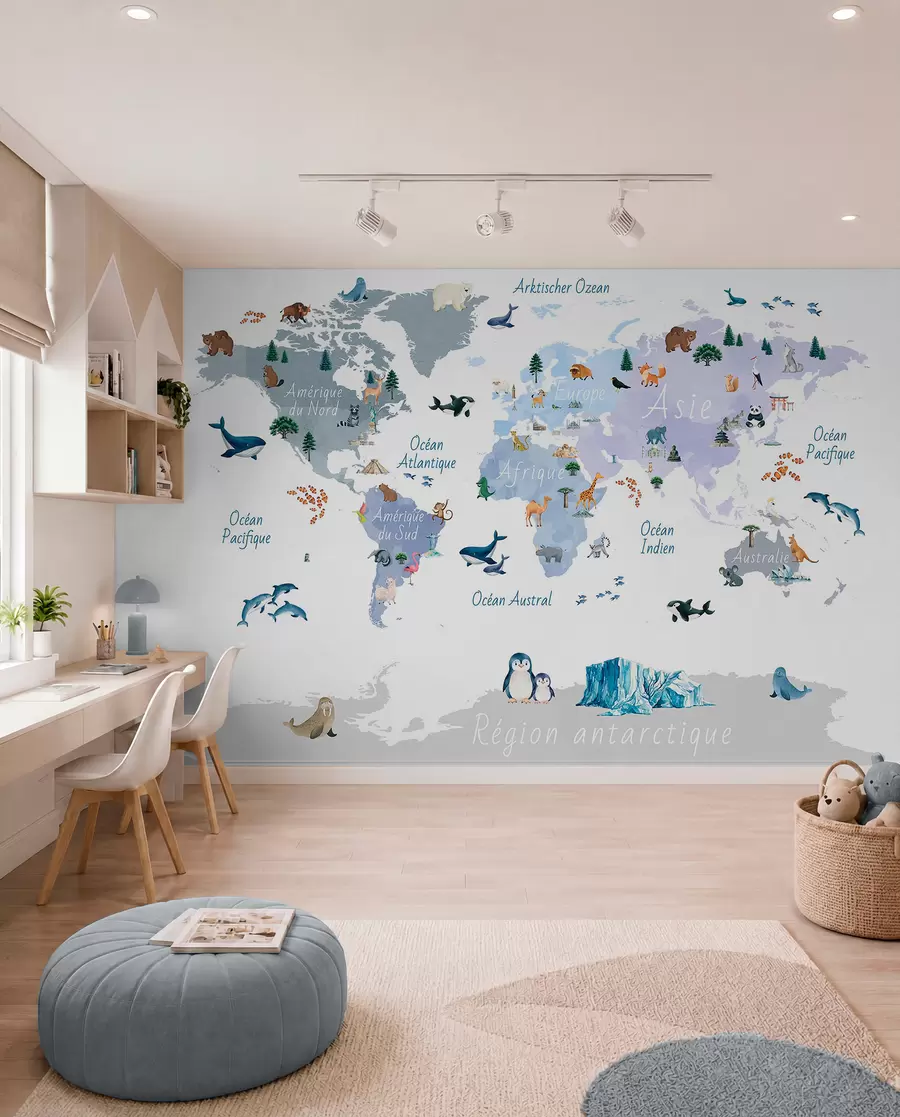 wall murals A watercolor-style Blue map featuring animals, plants, and architecture. Labels in French c00009frv1