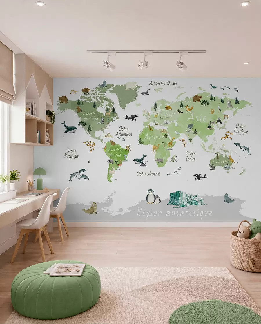 wall murals A watercolor-style Green map featuring animals, plants, and architecture. Labels in French c00009frv2