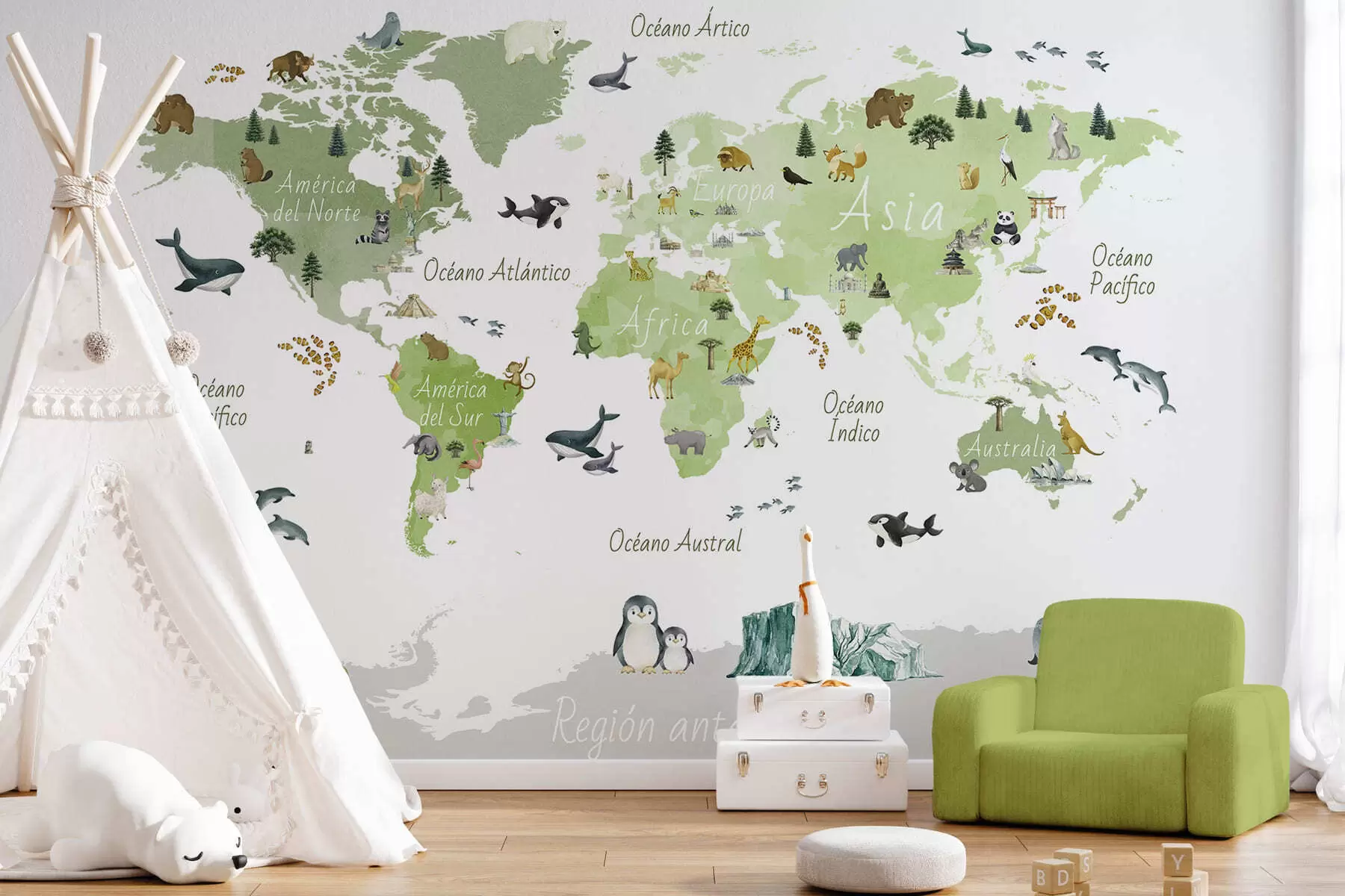 peintures murales Une carte verte de style aquarelle représentant des animaux, des plantes et des bâtiments. Légendes en espagnol c00009esv2