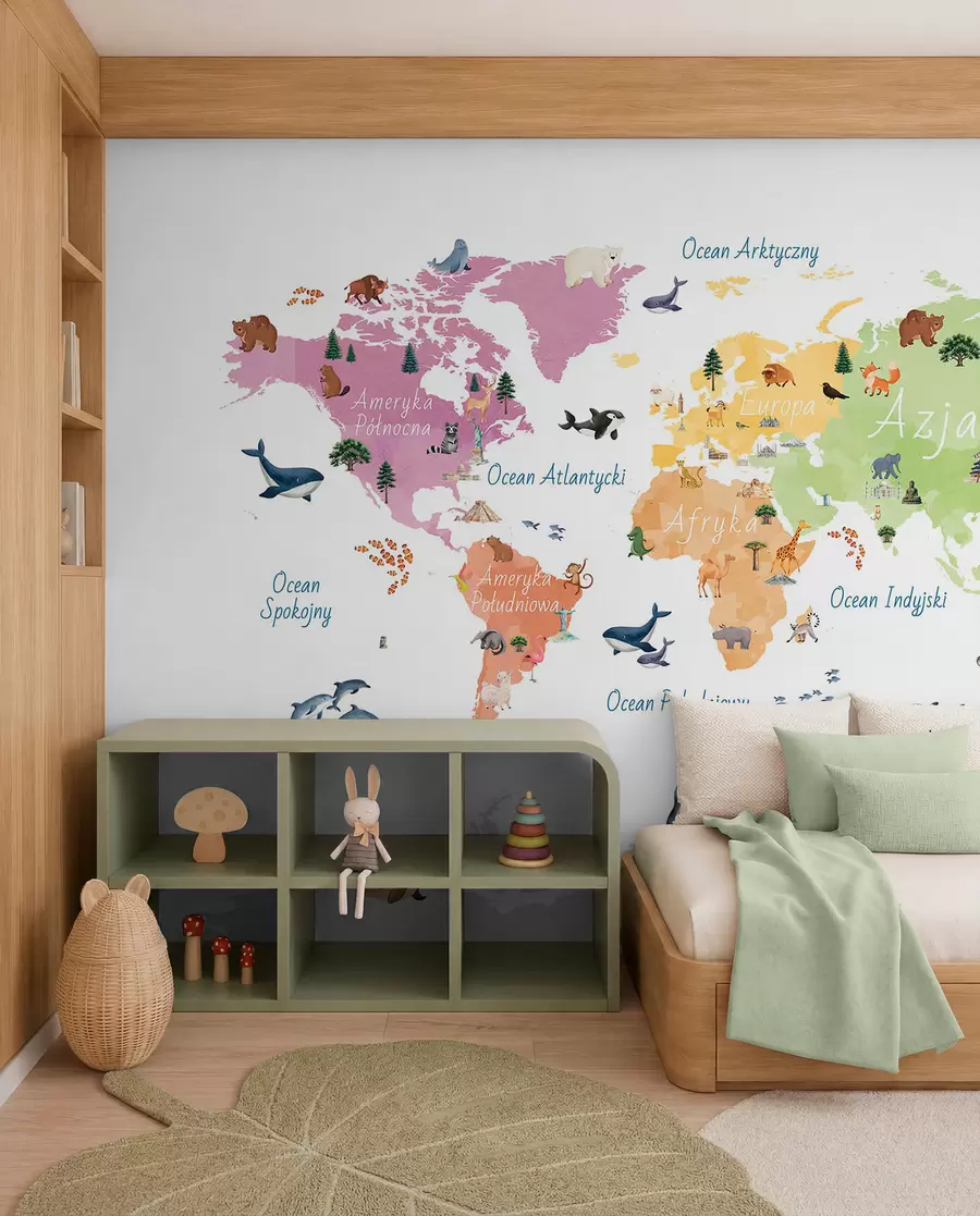 murales Un mapa a color con estilo de acuarela en el que aparecen animales, plantas y elementos arquitectónicos. Rótulos en polaco c00009pl