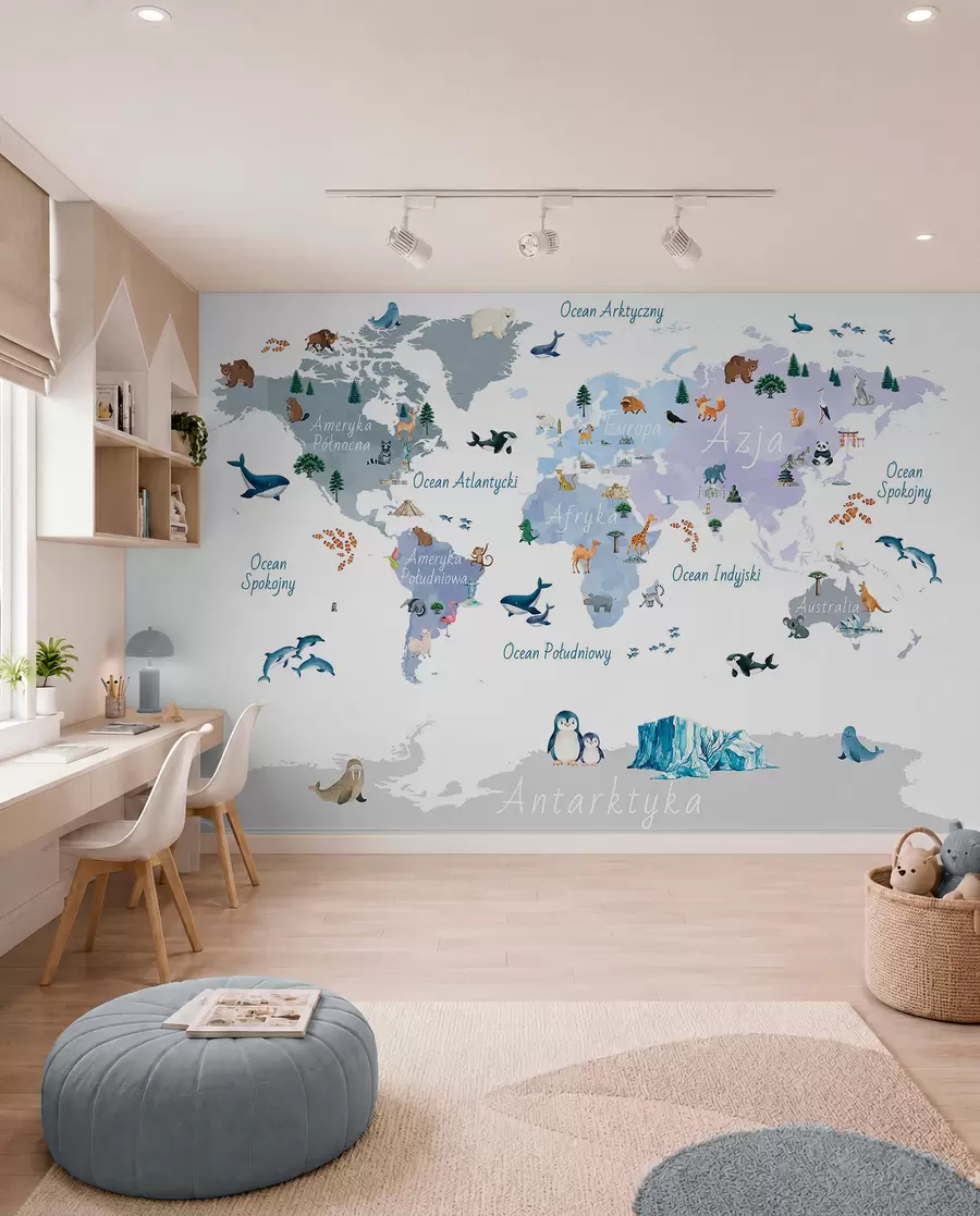 peintures murales Une carte bleue de style aquarelle représentant des animaux, des plantes et des bâtiments. Légendes en polonais c00009plv1