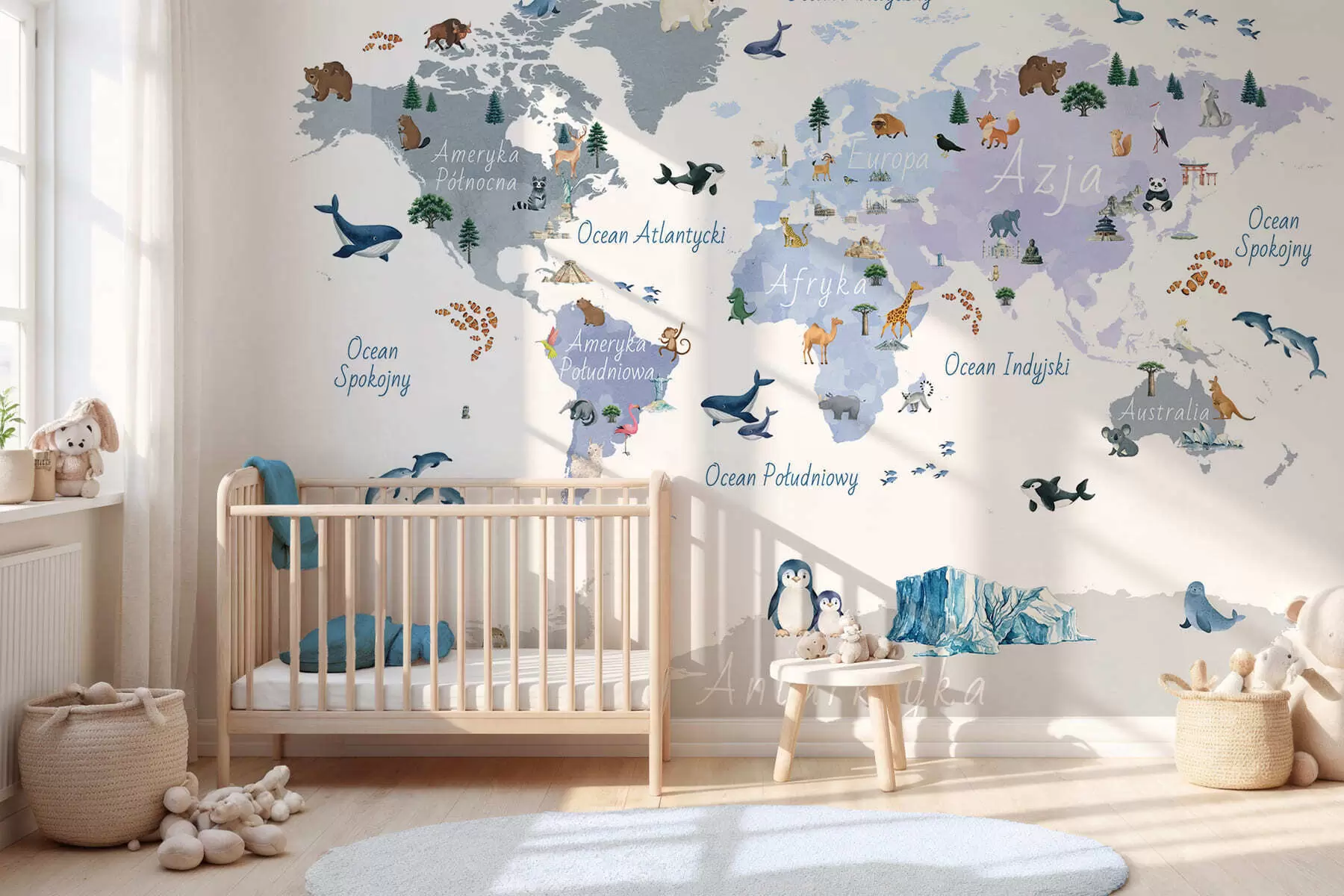 peintures murales Une carte bleue de style aquarelle représentant des animaux, des plantes et des bâtiments. Légendes en polonais c00009plv1