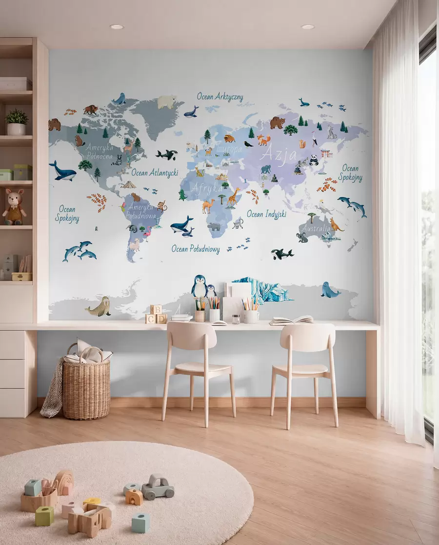 murales Un mapa azul de estilo acuarela en el que aparecen animales, plantas y elementos arquitectónicos. Rótulos en polaco c00009plv1
