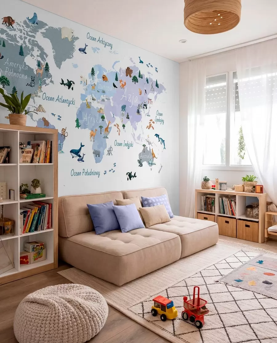 peintures murales Une carte bleue de style aquarelle représentant des animaux, des plantes et des bâtiments. Légendes en polonais c00009plv1