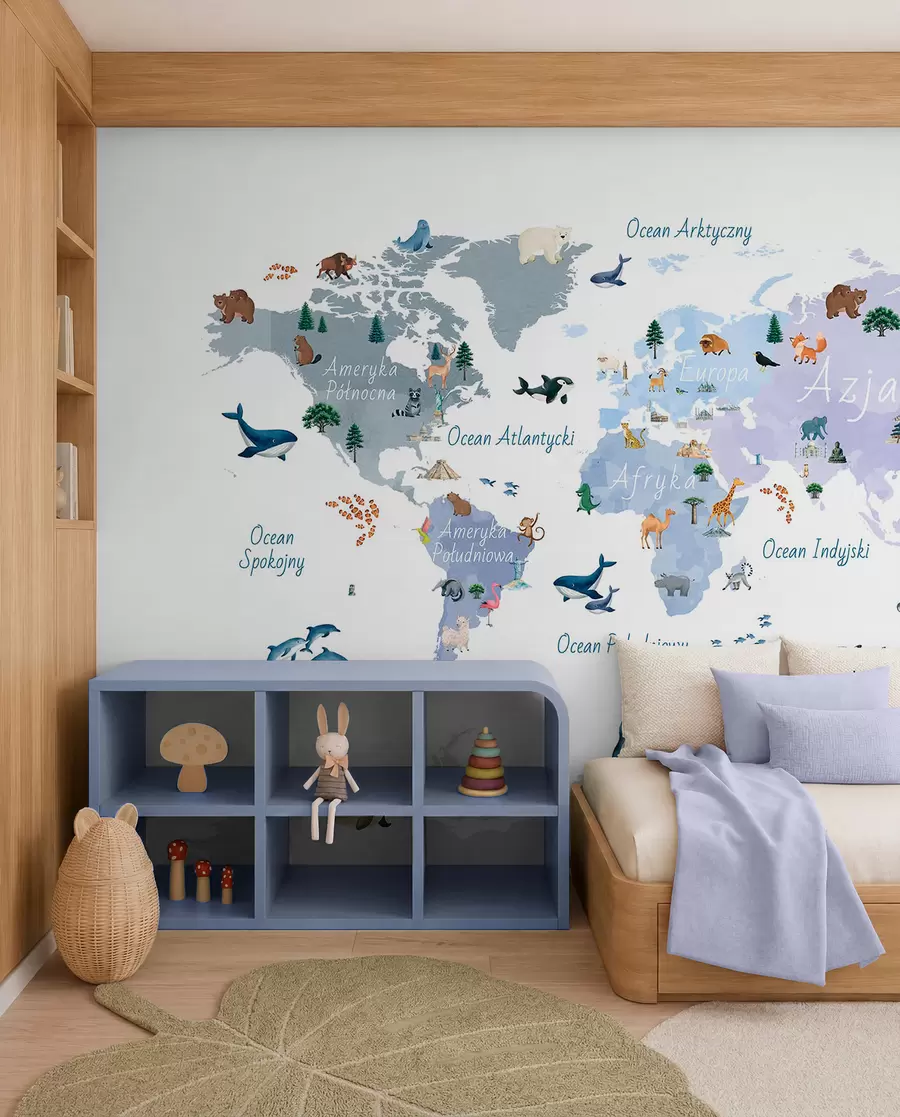 wall murals A watercolor-style Blue map featuring animals, plants, and architecture. Labels in Polish c00009plv1