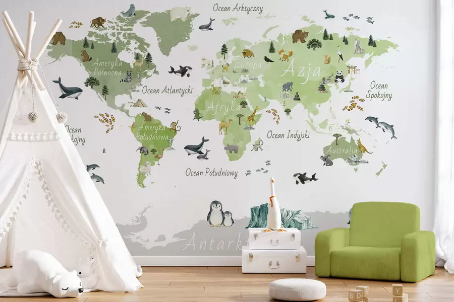 Wall Mural Photo Wallpaper A watercolor-style Green map featuring animals, plants, and architecture. Labels in Polish c00009plv2