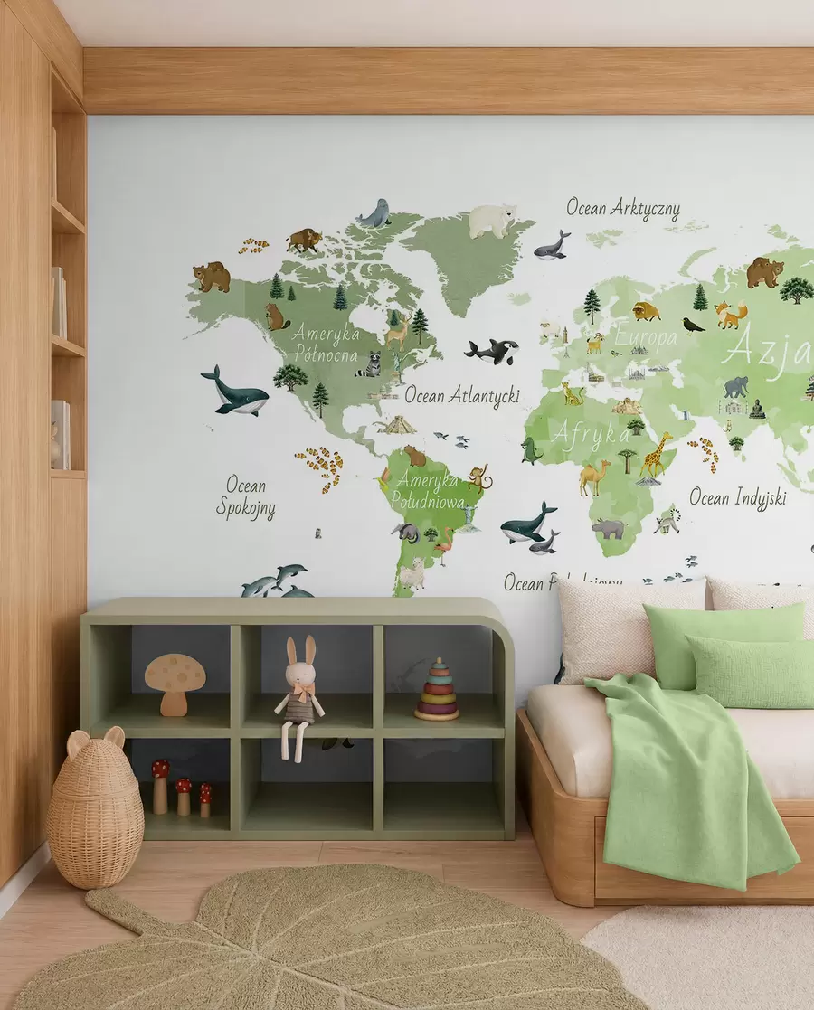 wall murals A watercolor-style Green map featuring animals, plants, and architecture. Labels in Polish c00009plv2