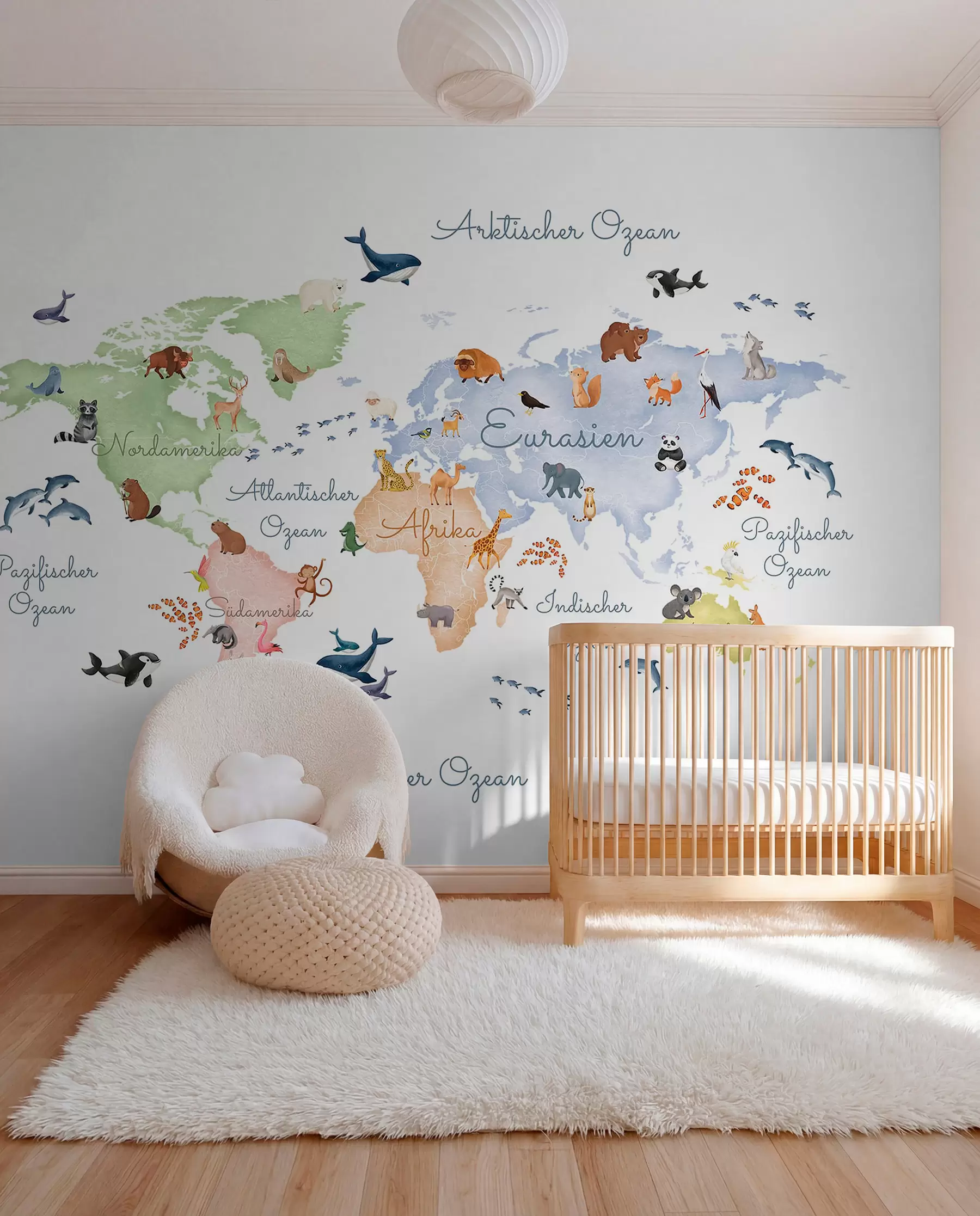 wall murals A watercolor-style Blue map featuring animals. Labels in German c00012dev1