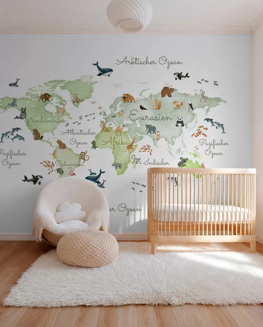 wall murals A watercolor-style Green map featuring animals. Labels in German c00012dev2