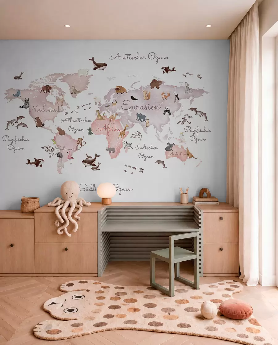 peintures murales Une carte de couleur beige, de style aquarelle, représentant des animaux. Légendes en allemand c00012dev3