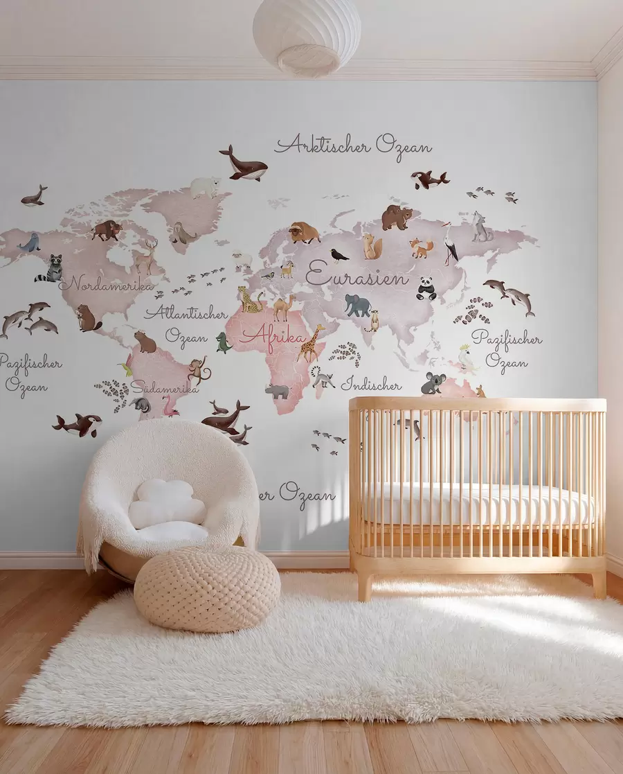 murales Un mapa en tonos beige, con un estilo de acuarela, en el que aparecen animales. Rótulos en alemán c00012dev3