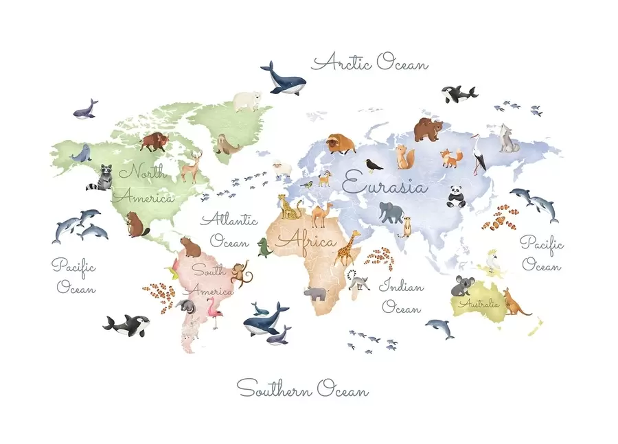 wall murals A watercolor-style color map featuring animals. Labels in English c00012en