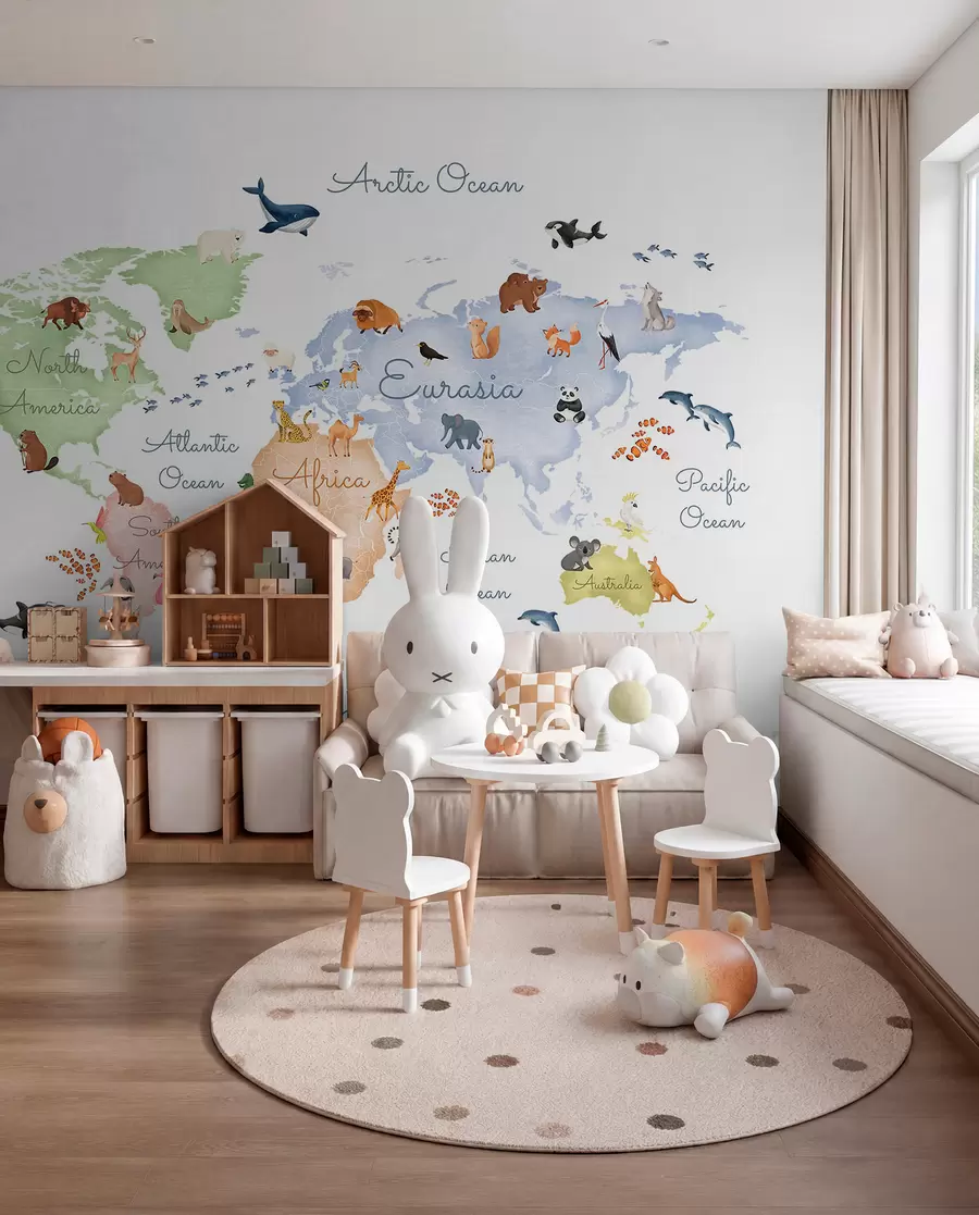 Wall Mural Photo Wallpaper Pastel Animal Map in English c00012en