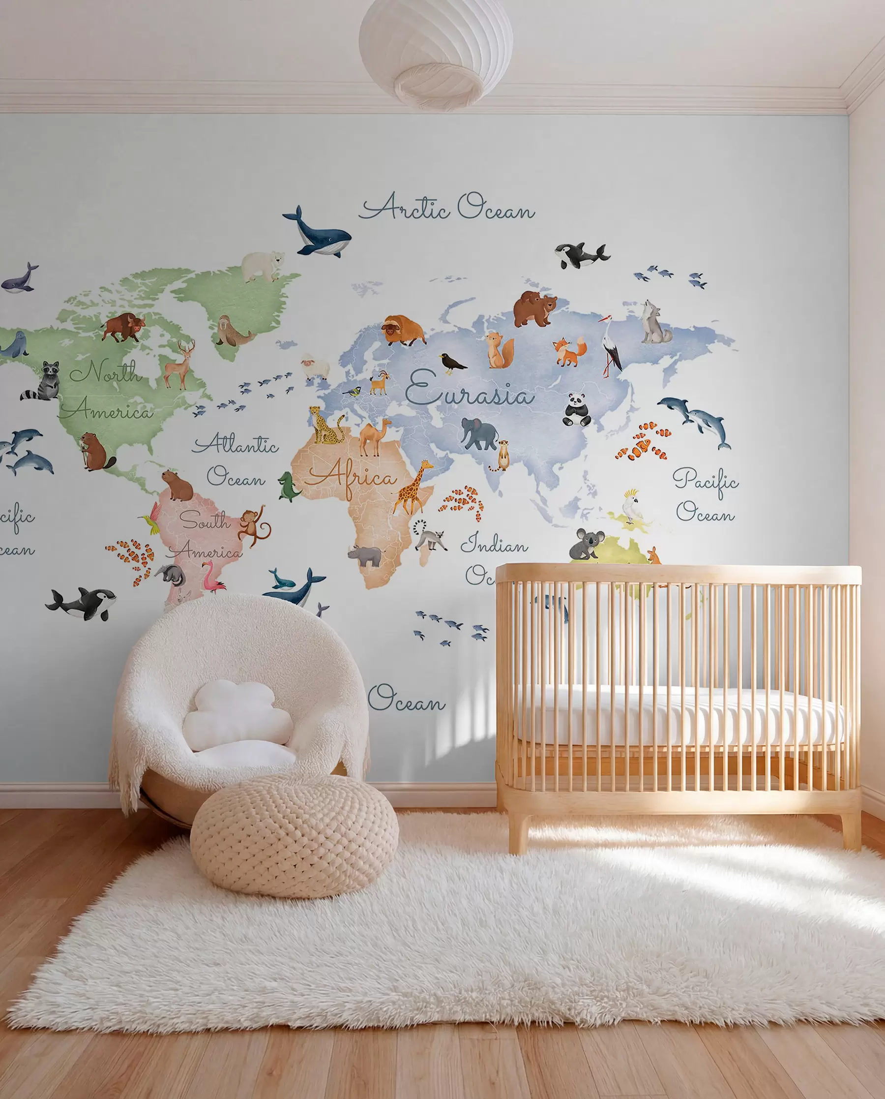 Wall Mural Photo Wallpaper A watercolor-style color map featuring animals. Labels in English c00012en