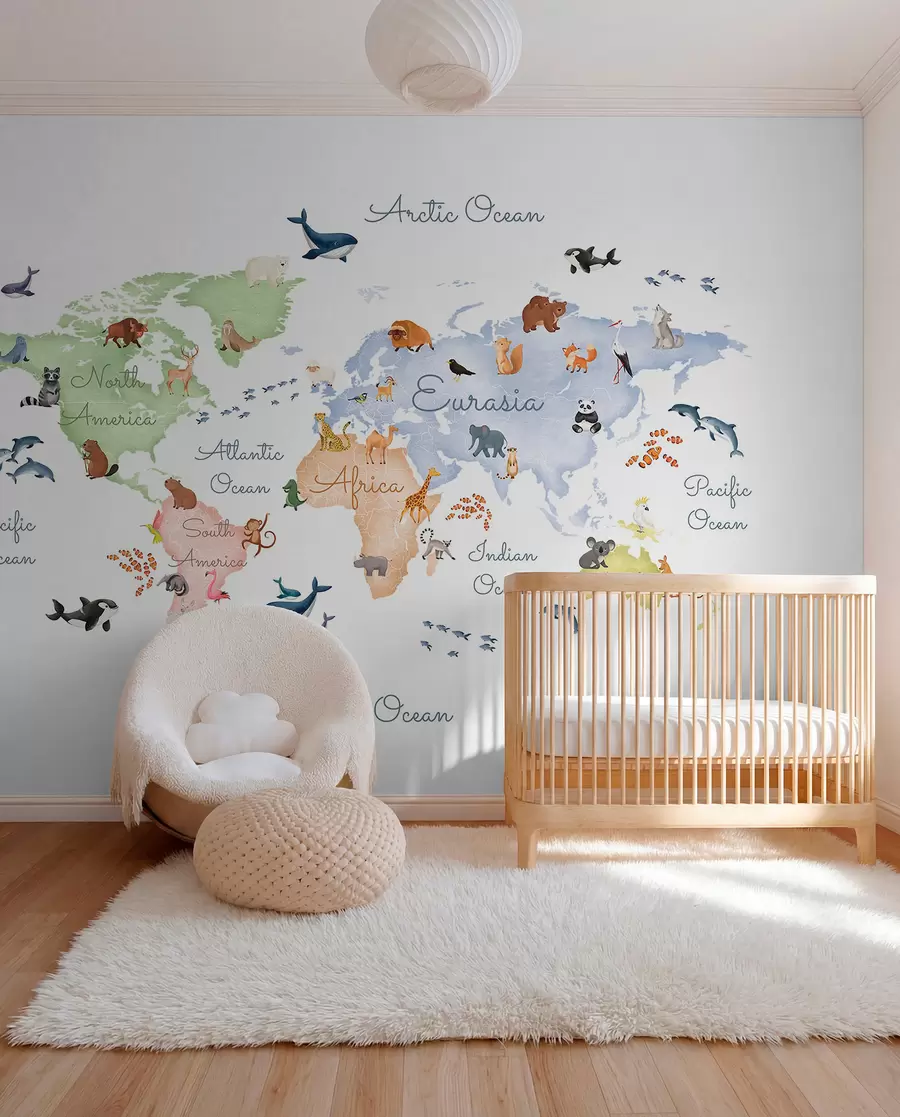 murales Un mapa a color con estilo de acuarela en el que aparecen animales. Etiquetas en inglés c00012en