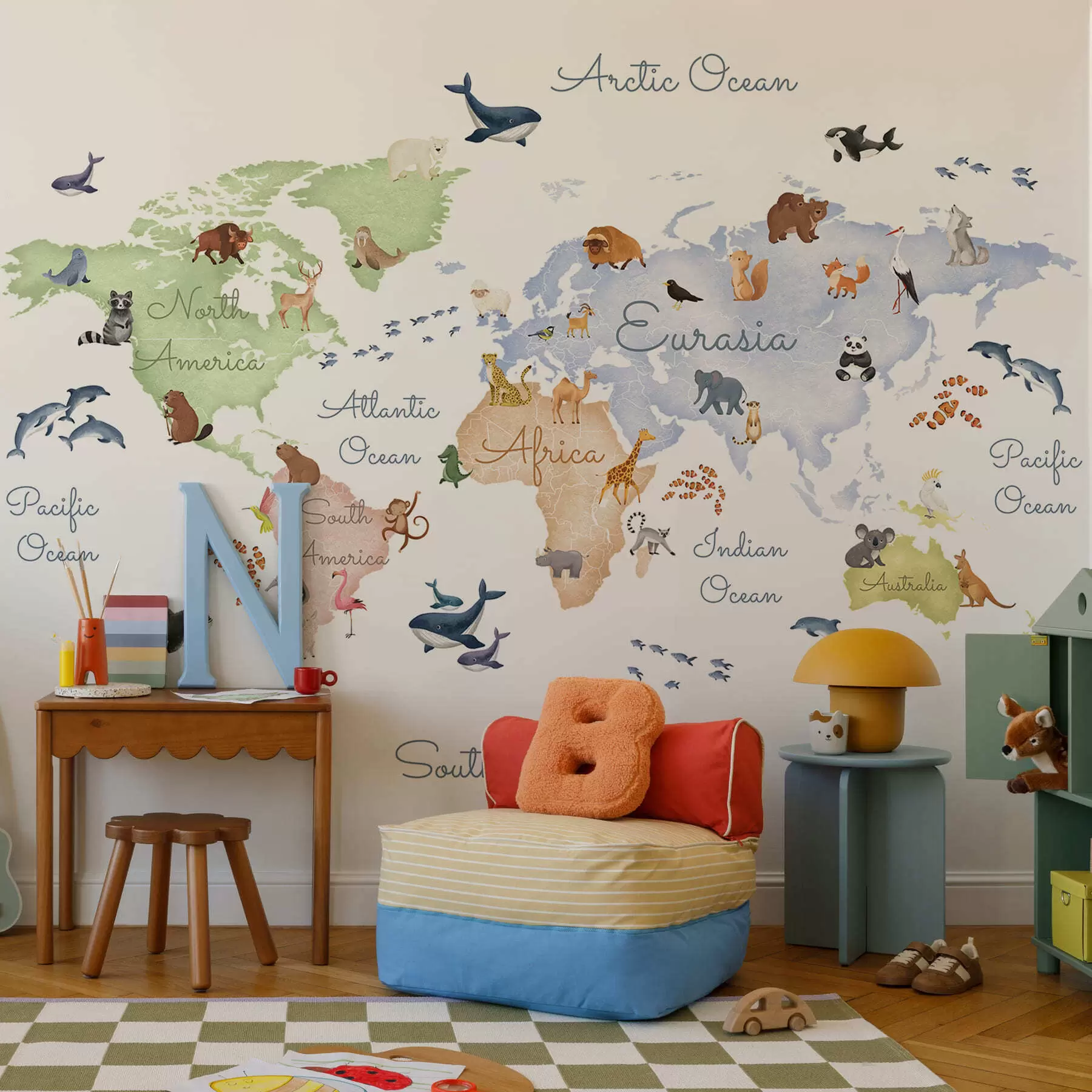 Wall Mural Photo Wallpaper A watercolor-style color map featuring animals. Labels in English c00012en