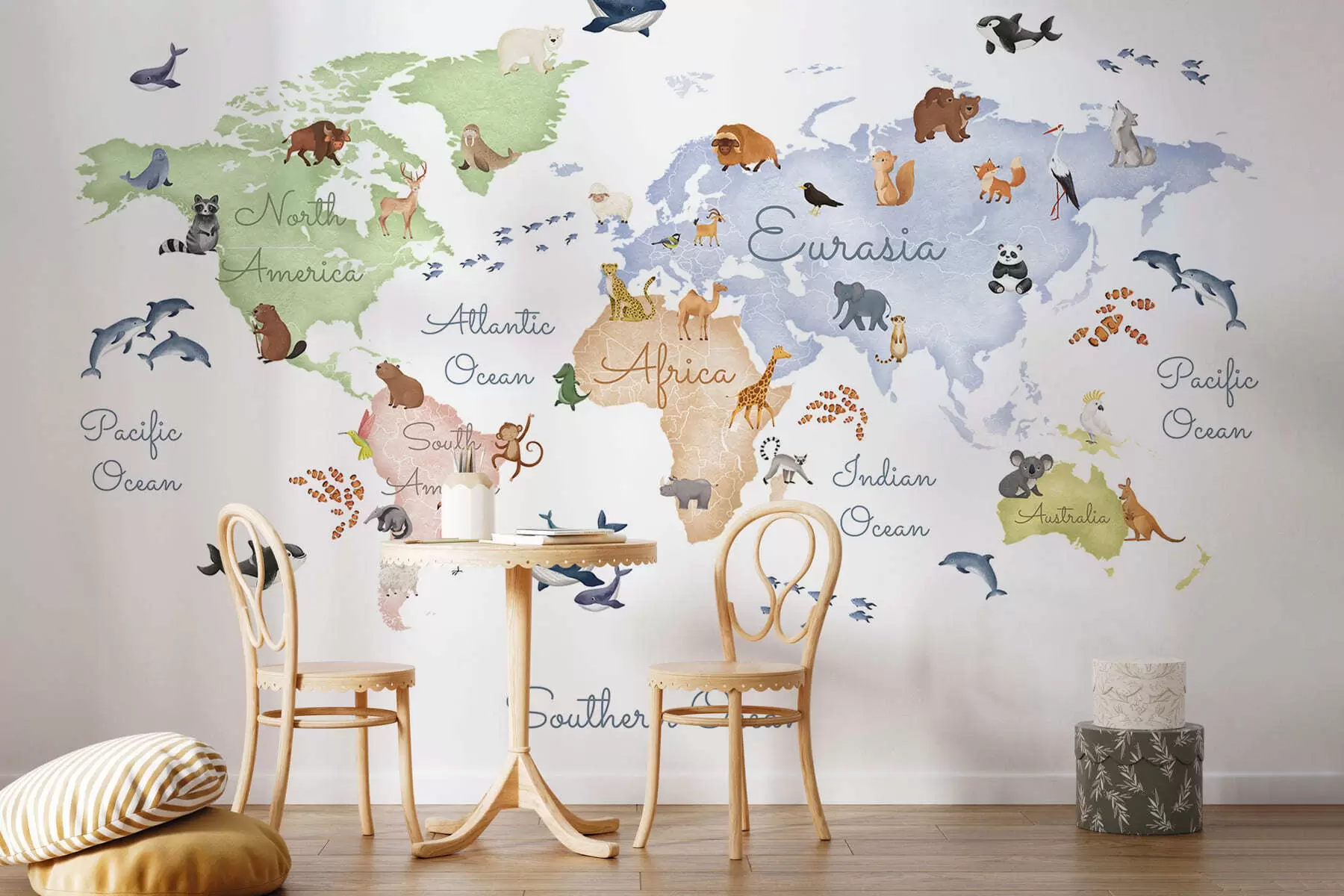 wall murals A watercolor-style color map featuring animals. Labels in English c00012en