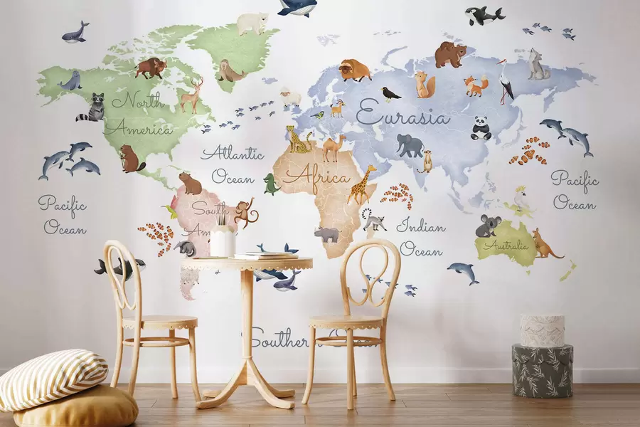 Wall Mural Photo Wallpaper A watercolor-style color map featuring animals. Labels in English c00012en