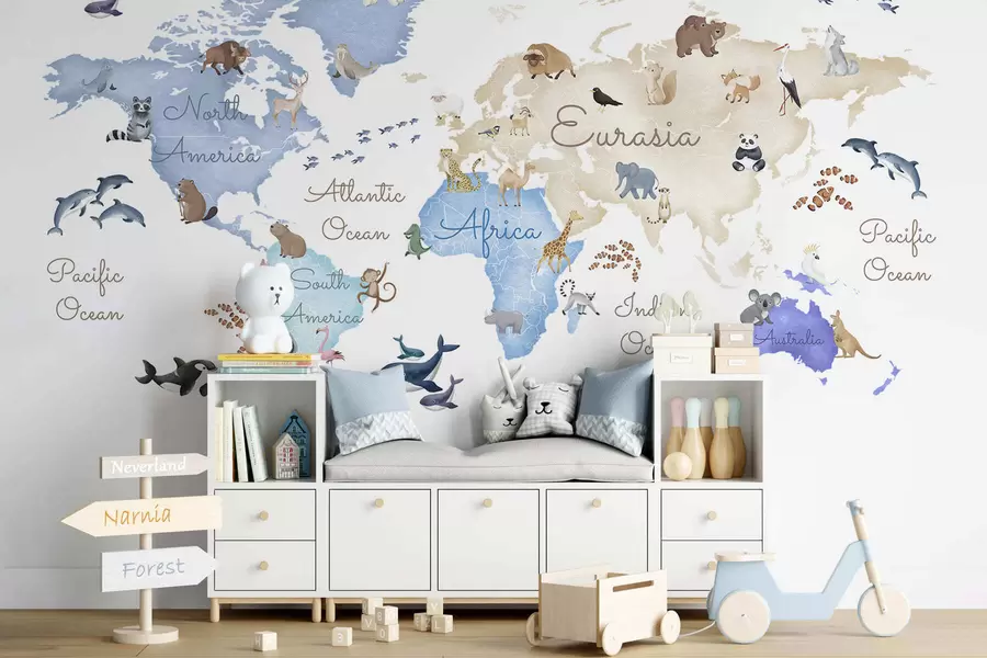 Wall Mural Photo Wallpaper A watercolor-style Blue map featuring animals. Labels in English c00012env1
