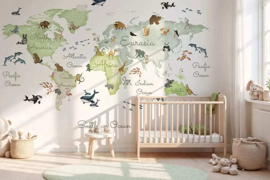Wall Mural Photo Wallpaper A watercolor-style Green map featuring animals. Labels in English c00012env2