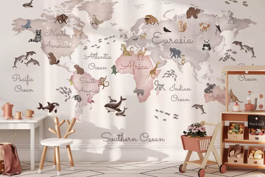 Wall Mural Photo Wallpaper A watercolor-style Beige map featuring animals. Labels in English c00012env3