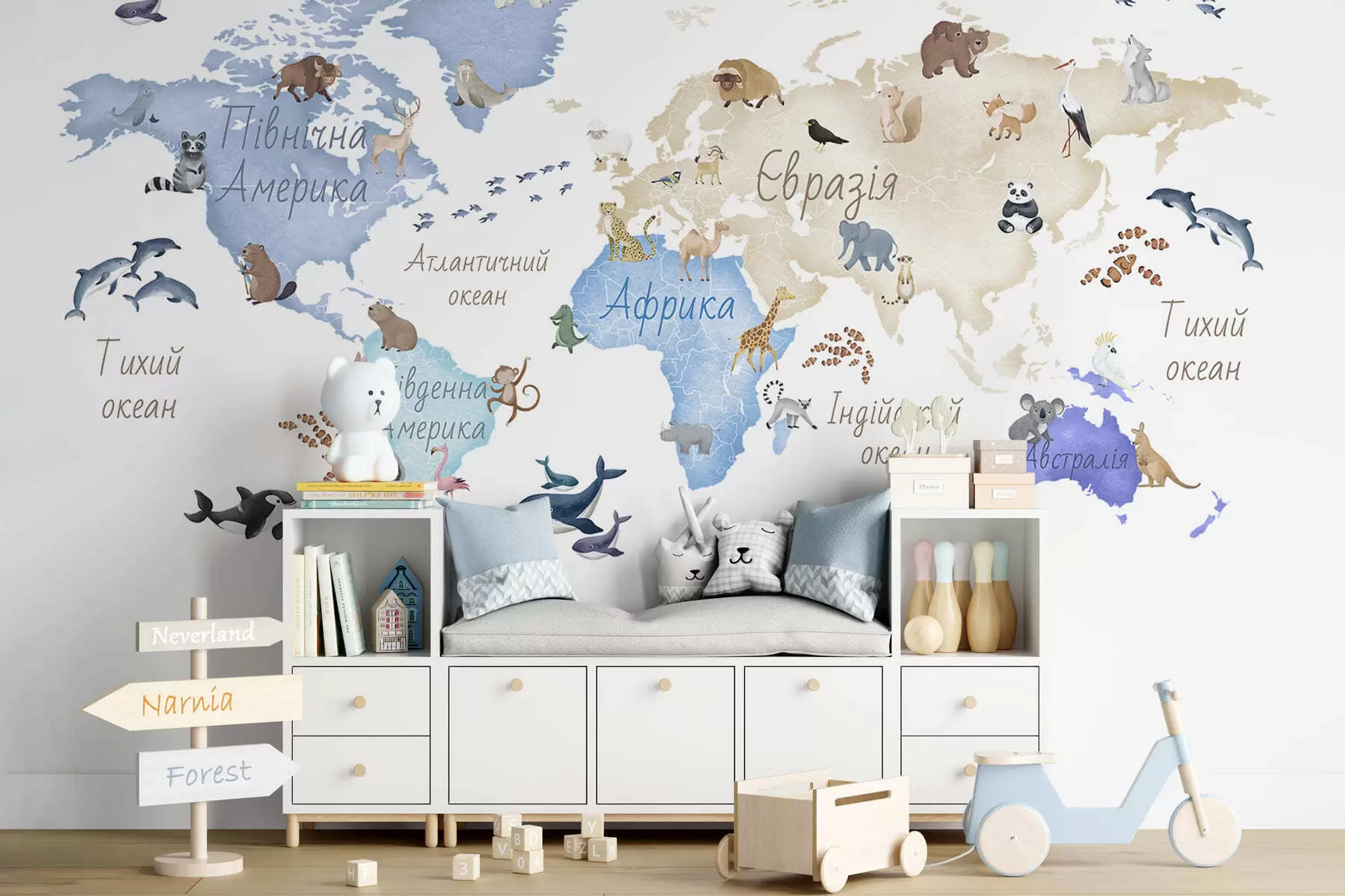 peintures murales Une carte bleue de style aquarelle représentant des animaux. Légendes en ukrainien c00012ukv1