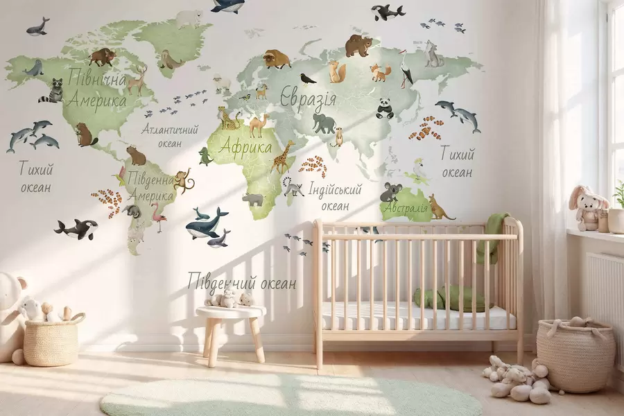 wall murals A watercolor-style Green map featuring animals. Labels in Ukrainian c00012ukv2