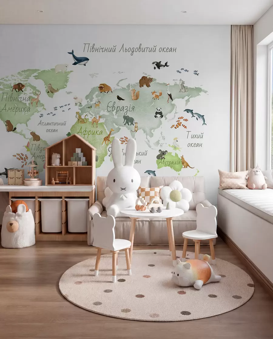 peintures murales Une carte verte de style aquarelle mettant en scène des animaux. Légendes en ukrainien c00012ukv2