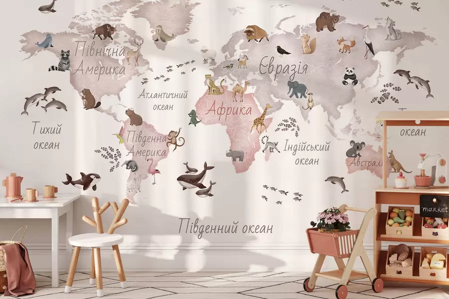 wall murals A watercolor-style Beige map featuring animals. Labels in Ukrainian c00012ukv3