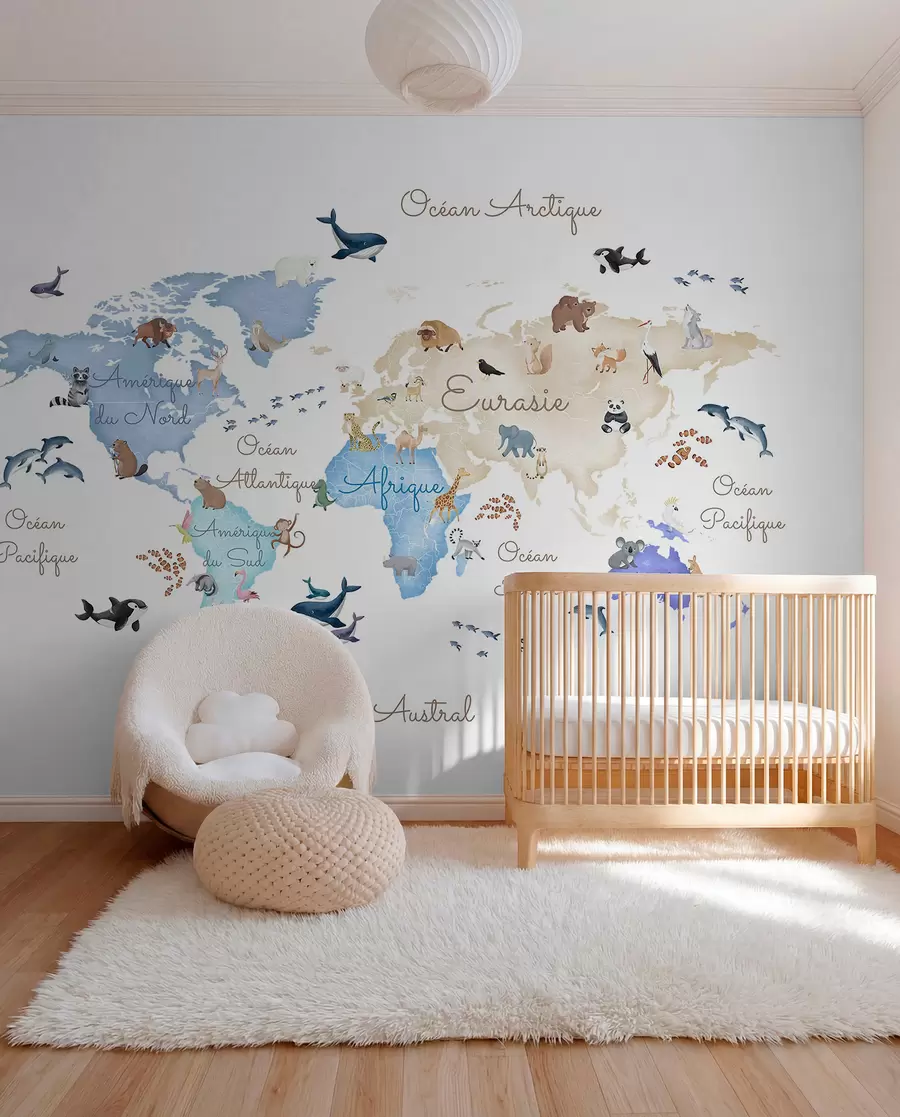 wall murals A watercolor-style Blue map featuring animals. Labels in French c00012frv1