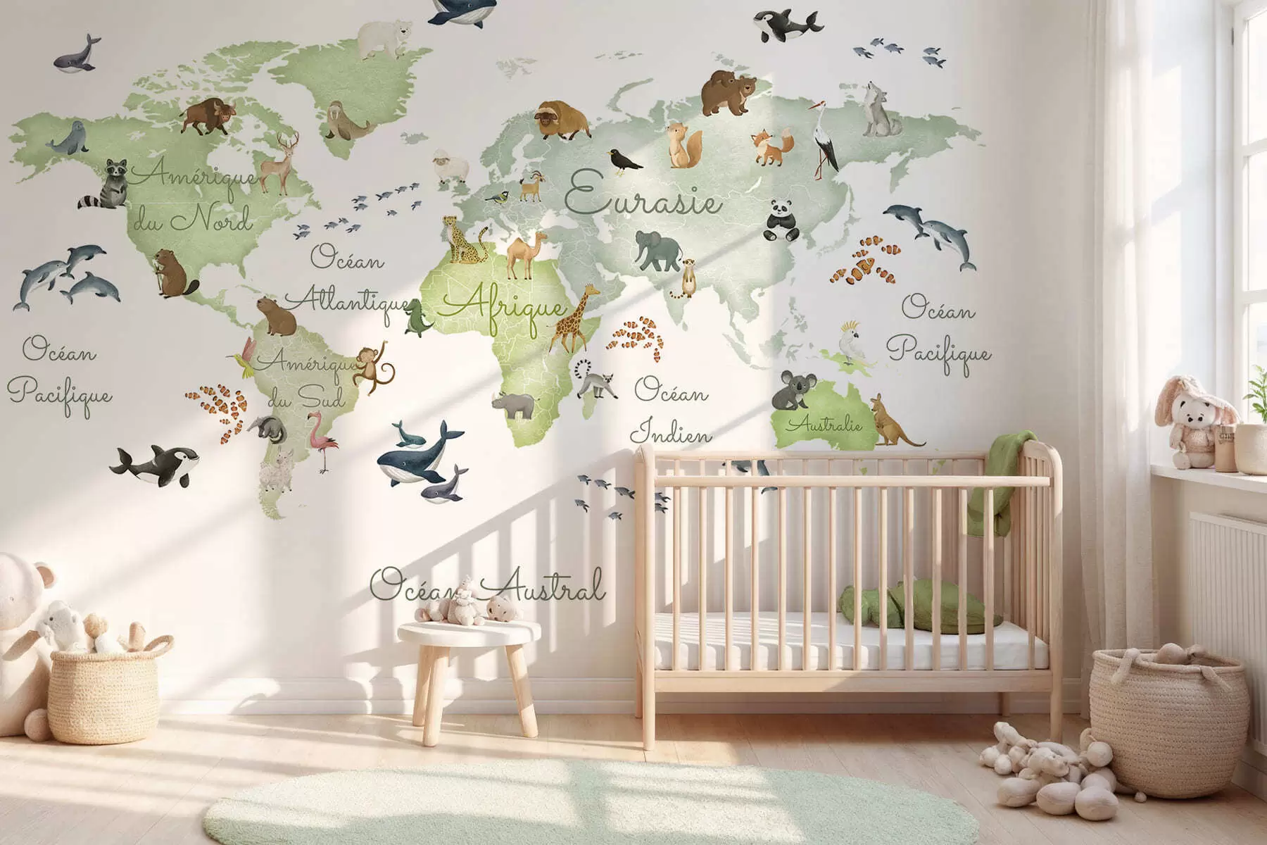 Wall Mural Photo Wallpaper A watercolor-style Green map featuring animals. Labels in French c00012frv2