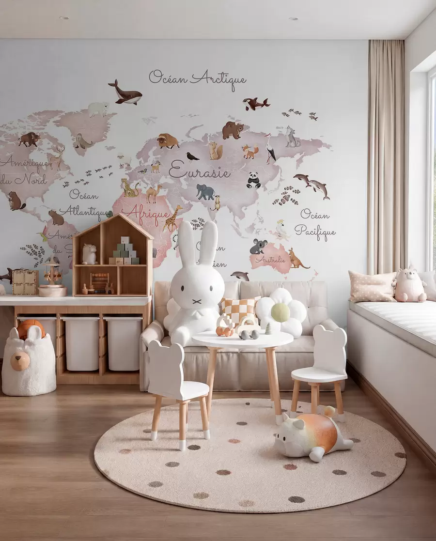 peintures murales Une carte de couleur beige, de style aquarelle, illustrée d'animaux. Légendes en français c00012frv3