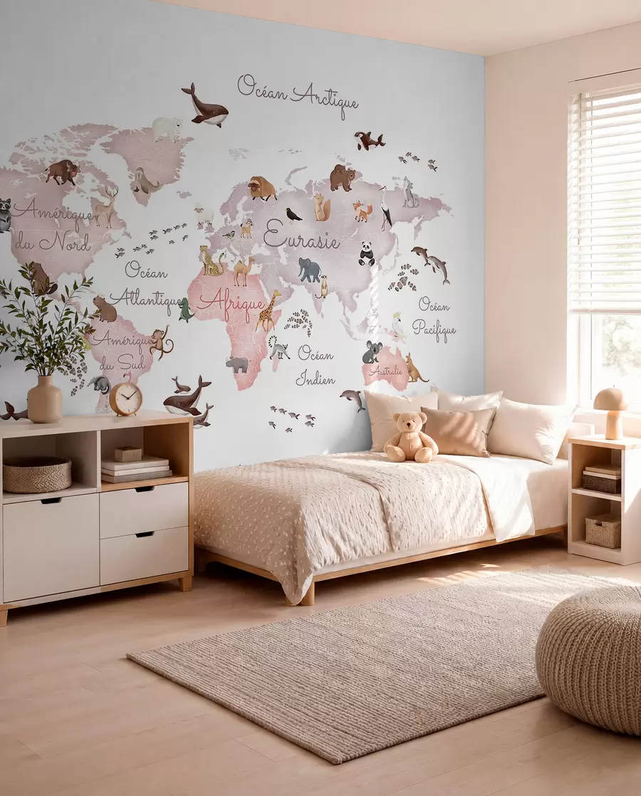 wall murals A watercolor-style Beige map featuring animals. Labels in French c00012frv3