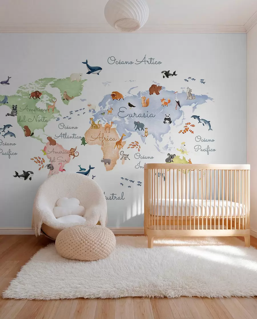wall murals A watercolor-style color map featuring animals. Labels in Spanish c00012es