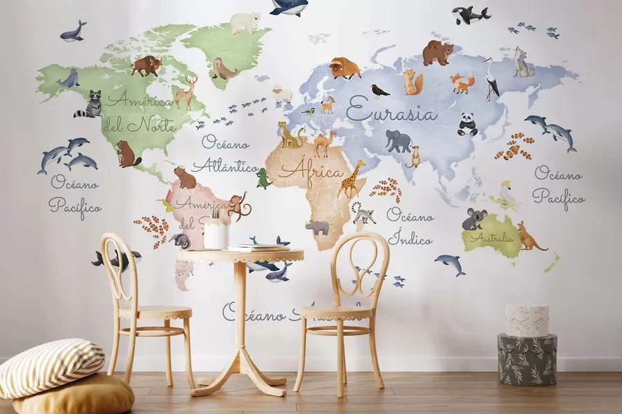wall murals A watercolor-style color map featuring animals. Labels in Spanish c00012es