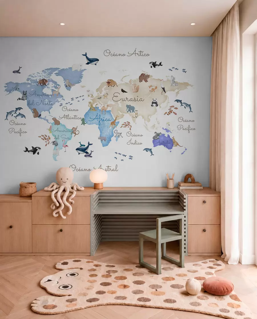 wall murals A watercolor-style Blue map featuring animals. Labels in Spanish c00012esv1