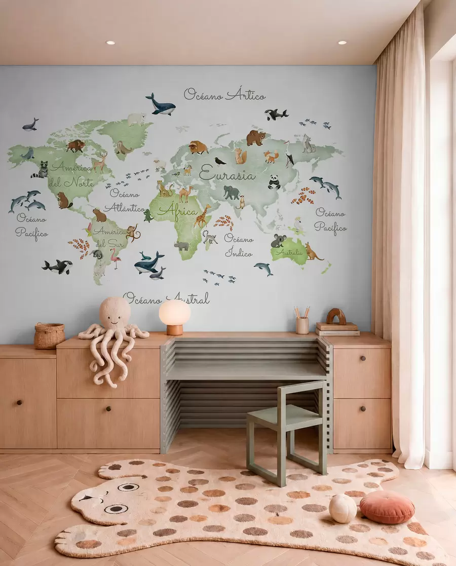 wall murals A watercolor-style Green map featuring animals. Labels in Spanish c00012esv2