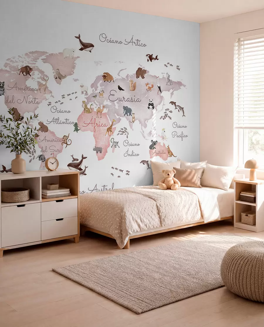murales Un mapa en tonos beige, con un estilo de acuarela, en el que aparecen animales. Rótulos en español c00012esv3