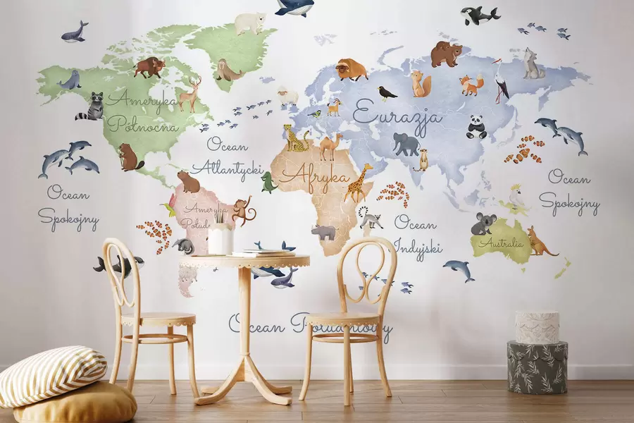 Wall Mural Photo Wallpaper A watercolor-style color map featuring animals. Labels in Polish c00012pl