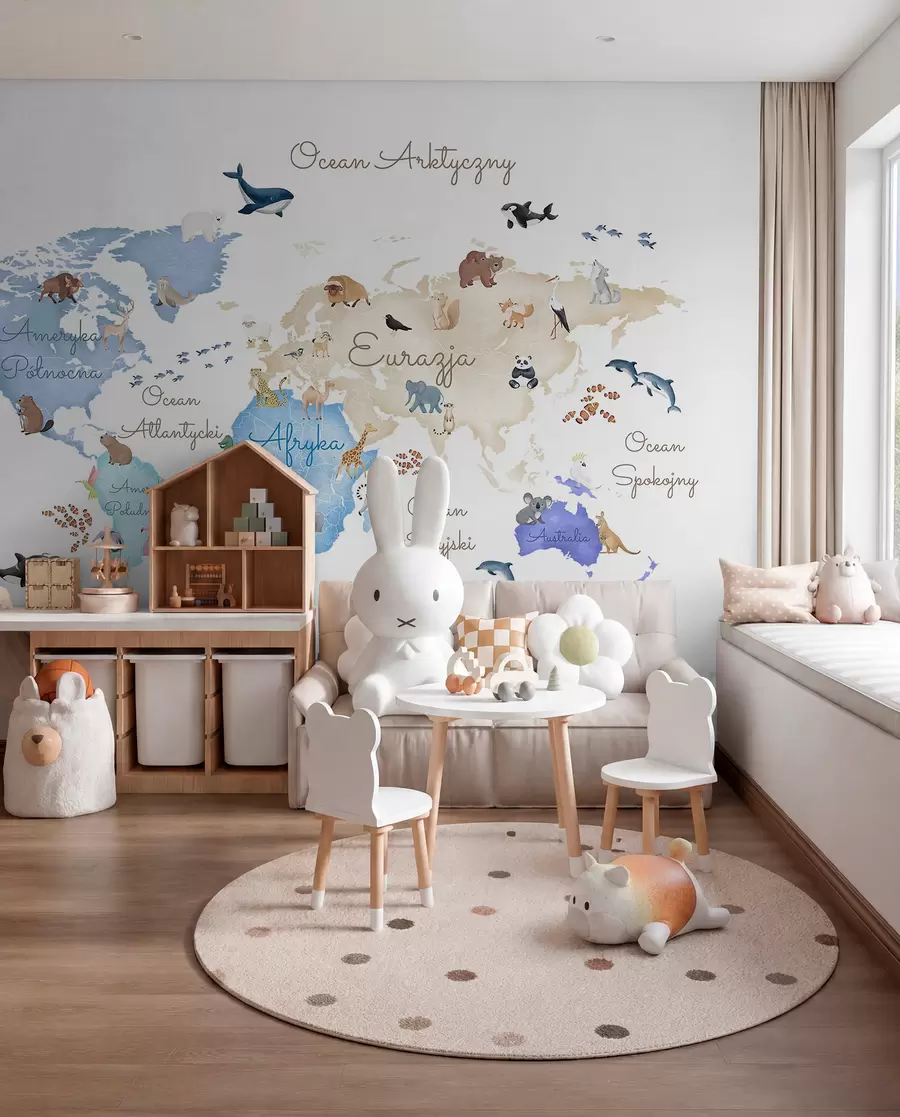peintures murales Une carte bleue de style aquarelle représentant des animaux. Légendes en polonais c00012plv1