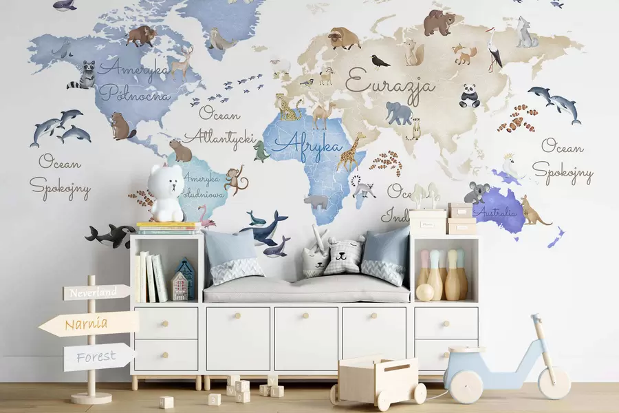 Wall Mural Photo Wallpaper A watercolor-style Blue map featuring animals. Labels in Polish c00012plv1