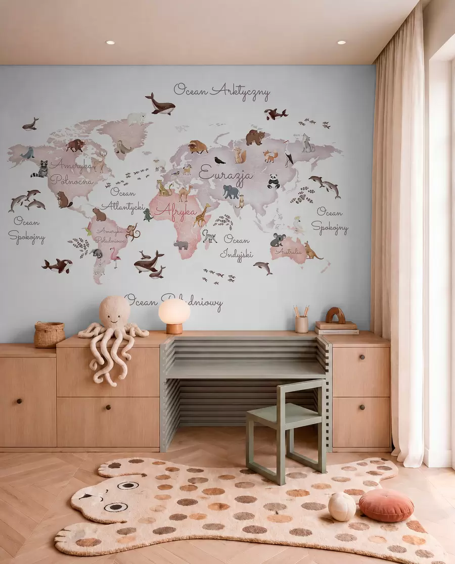 murales Un mapa en tonos beige, con un estilo de acuarela, en el que aparecen animales. Rótulos en polaco c00012plv3