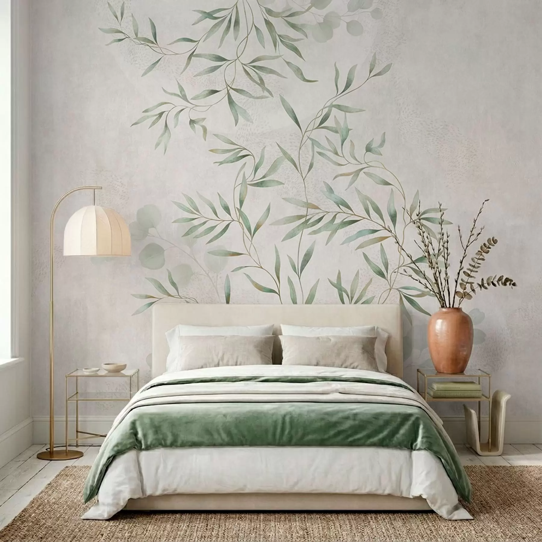 murales Delikado estampado botánico con ramas finas sobre un fondo claro w05424