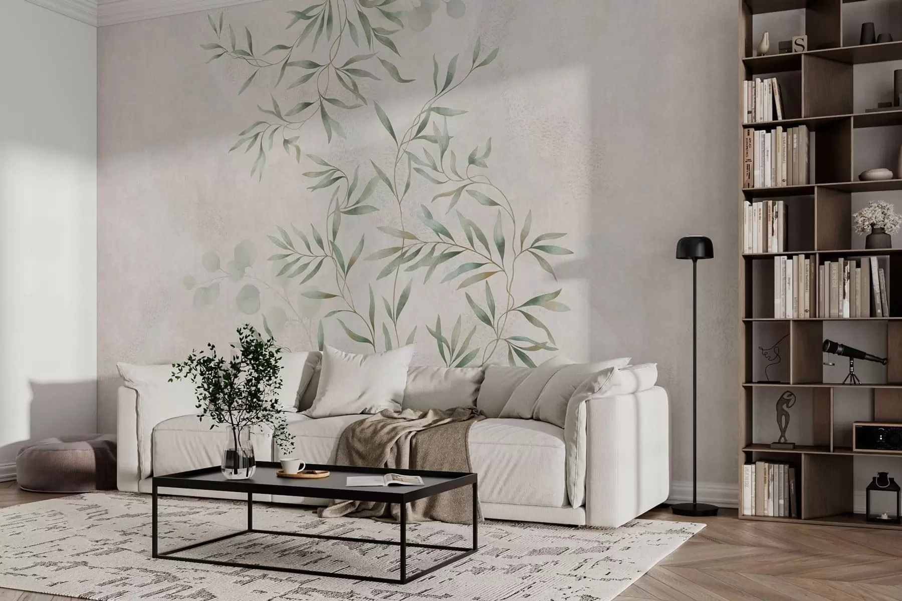 wall murals Delicate botanical pattern with thin branches on light background w05424